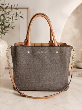 Michael Kors Brown MK Signature Tote Bag Tan Trim Gold Chain Retail Style